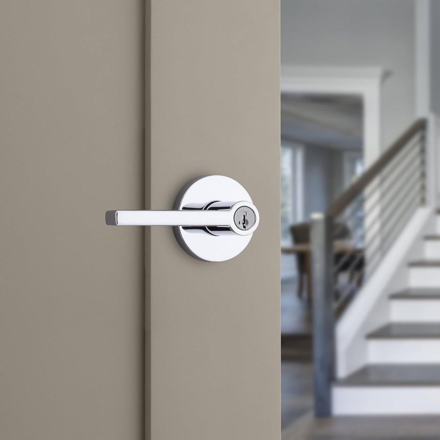 Kwikset Halifax Entry Door Handle with Lock and Key, Secure Keyed Reversible Lever Exterior, for Front Entrance and Bedrooms, Polished Chrome, 4 Pack, Pick Resistant SmartKey Rekey Security