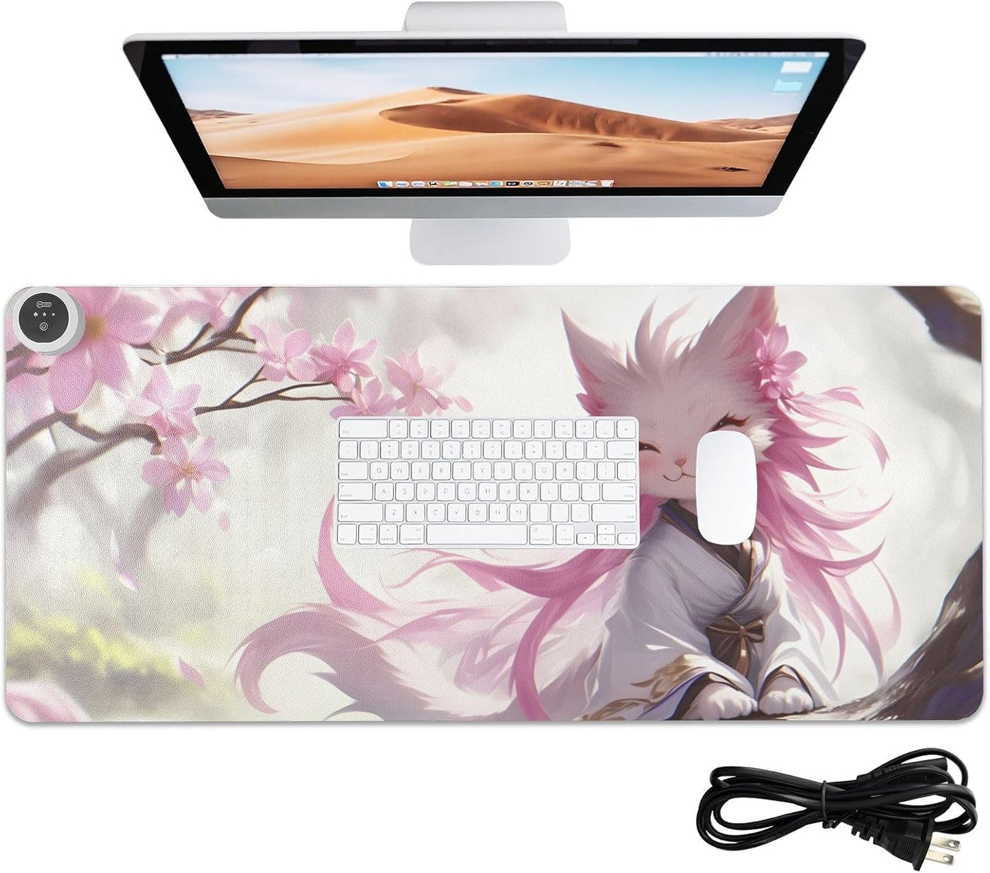 Large Heated Mouse Pad,Leather Desk Mat,31.5"x13",Hand Warmer Pads for Desk,Kitty(White Pink)