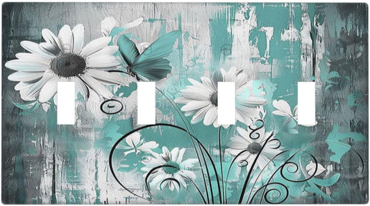 Light Switch Covers Teal Daisy Floral Vintage Wood Plank Quad Toggle Electrical Faceplate 4 Gang Wall Plate Decorative Switch Plates For Farmhouse Cabin Decor