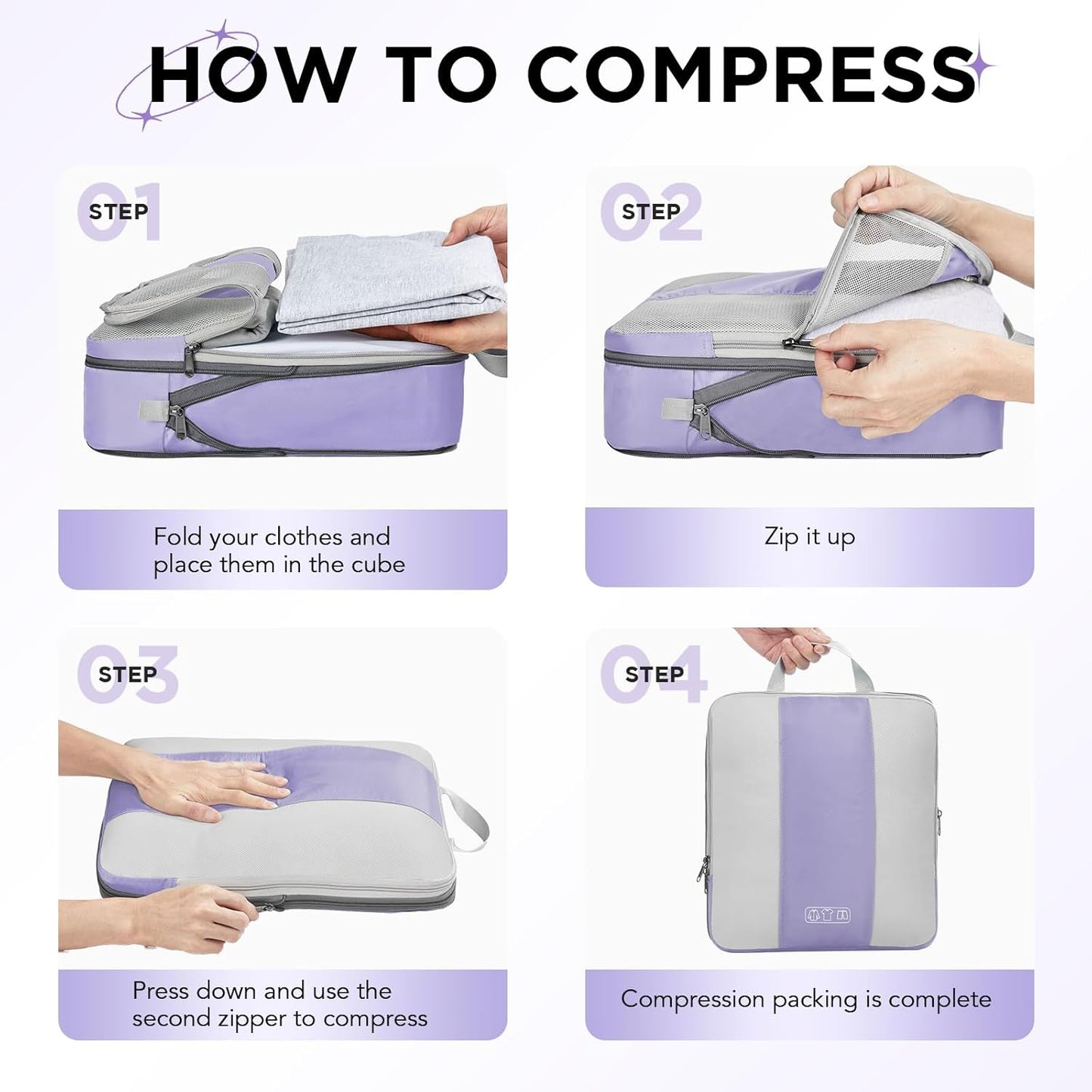 8 Set Compression Packing Cubes for Travel Essentials,Compressible Expandable Packing Cubes for Suitcase,OlarHike Luggage Organizer Bags for Travel,Handy Helper for Organizing Clothes(Purple Gray)