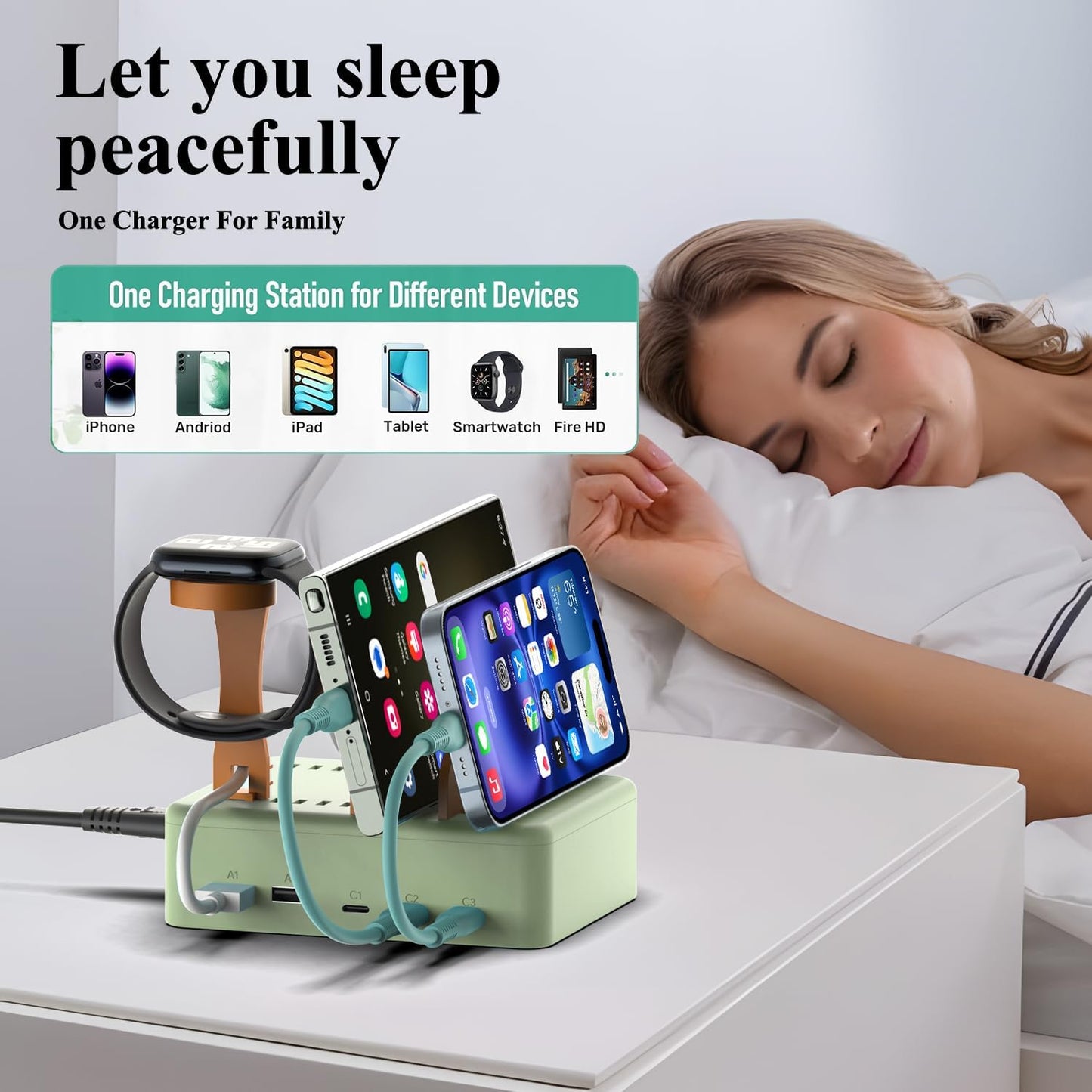 KFD Charging Station for Multiple Devices, 70W 5-Port USB C Fast Charger Stations for iPhone iPad Android Cell Phone Kindle Tablet, Multi-Device Organizer Docking Station, Multi Charger Organizer