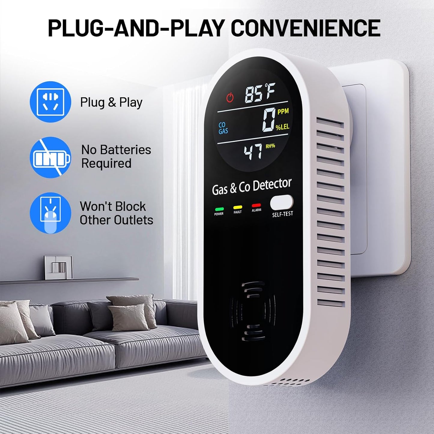 Gas and Carbon Monoxide Detectors Plug in, 4-in-1 Portable CO & Natural Gas Leak Detector with Temperature & Humidity Display for Home, Hotel, RV & Travel