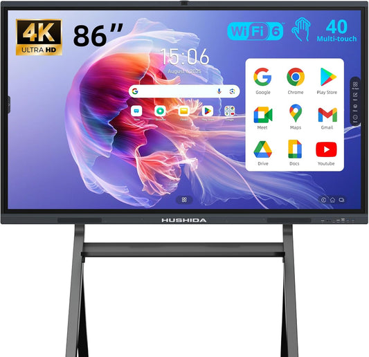 86" Smart Board Google EDLA-Certified 4K Interactive Whiteboard SmartBoard for Classroom & Office Business, Android 14 Touchscreen with 13MP AI Camera 8G RAM+64G ROM, 40-Points, Wall Mount Included