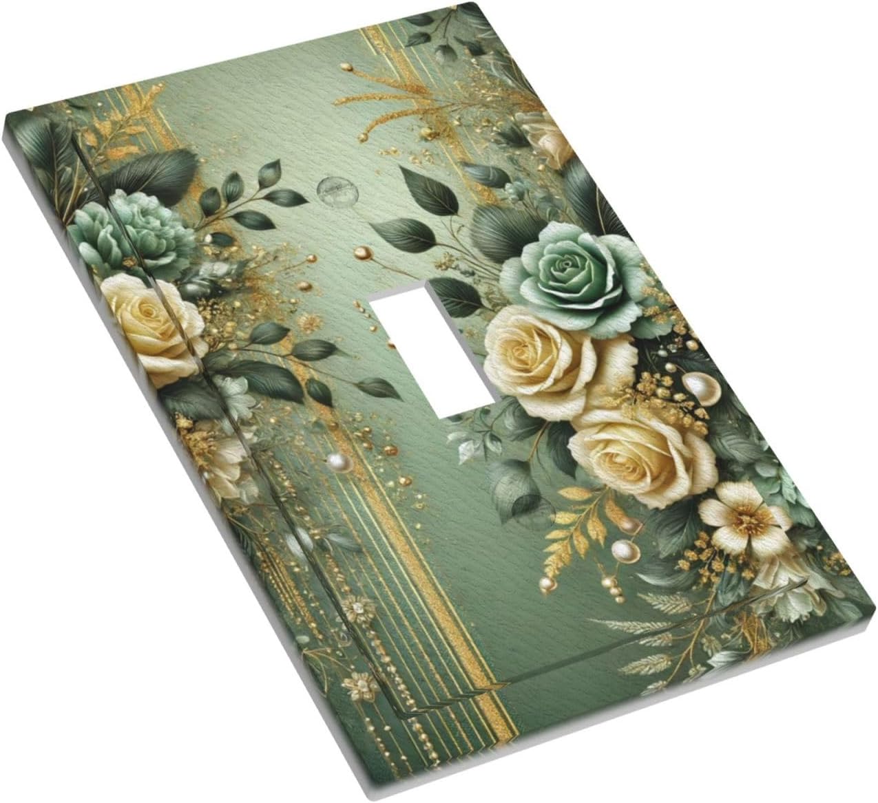 Decorative Light Switch Cover Plate Rustic Green Floral Leaves Teal Flowers Gold Stripe 1 Gang Wall Plate Oversized Single Toggle Wall Cover Plate Jumbo Switchplate Faceplate