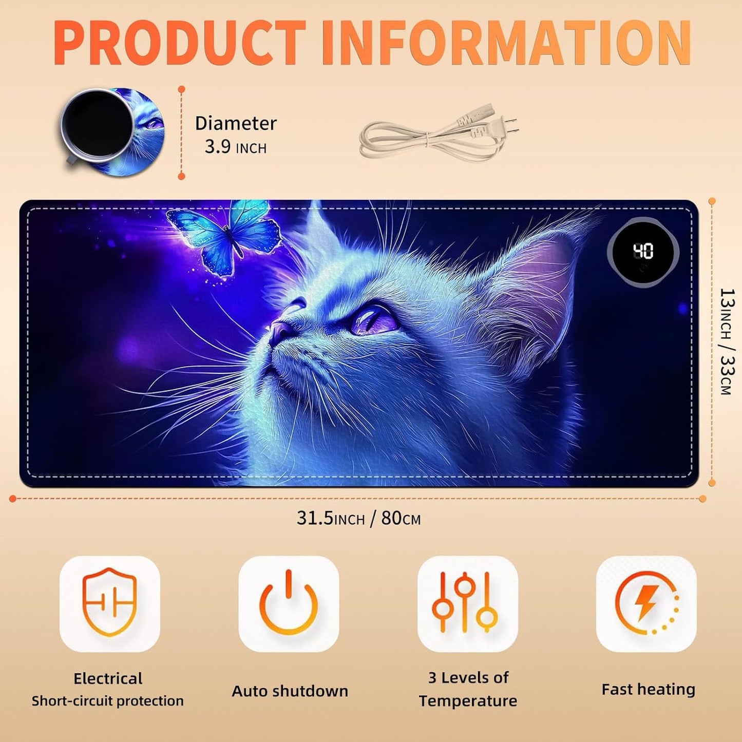 Heated Mouse Pad, Warm Desk Pad, Keyboard Mat 31.5 x 13 Inch Large Size Intelligent Fast Heating, 3 Speed Adjustable, Timed Auto Power Off for Game Office Home,Blue Cat Butterfly