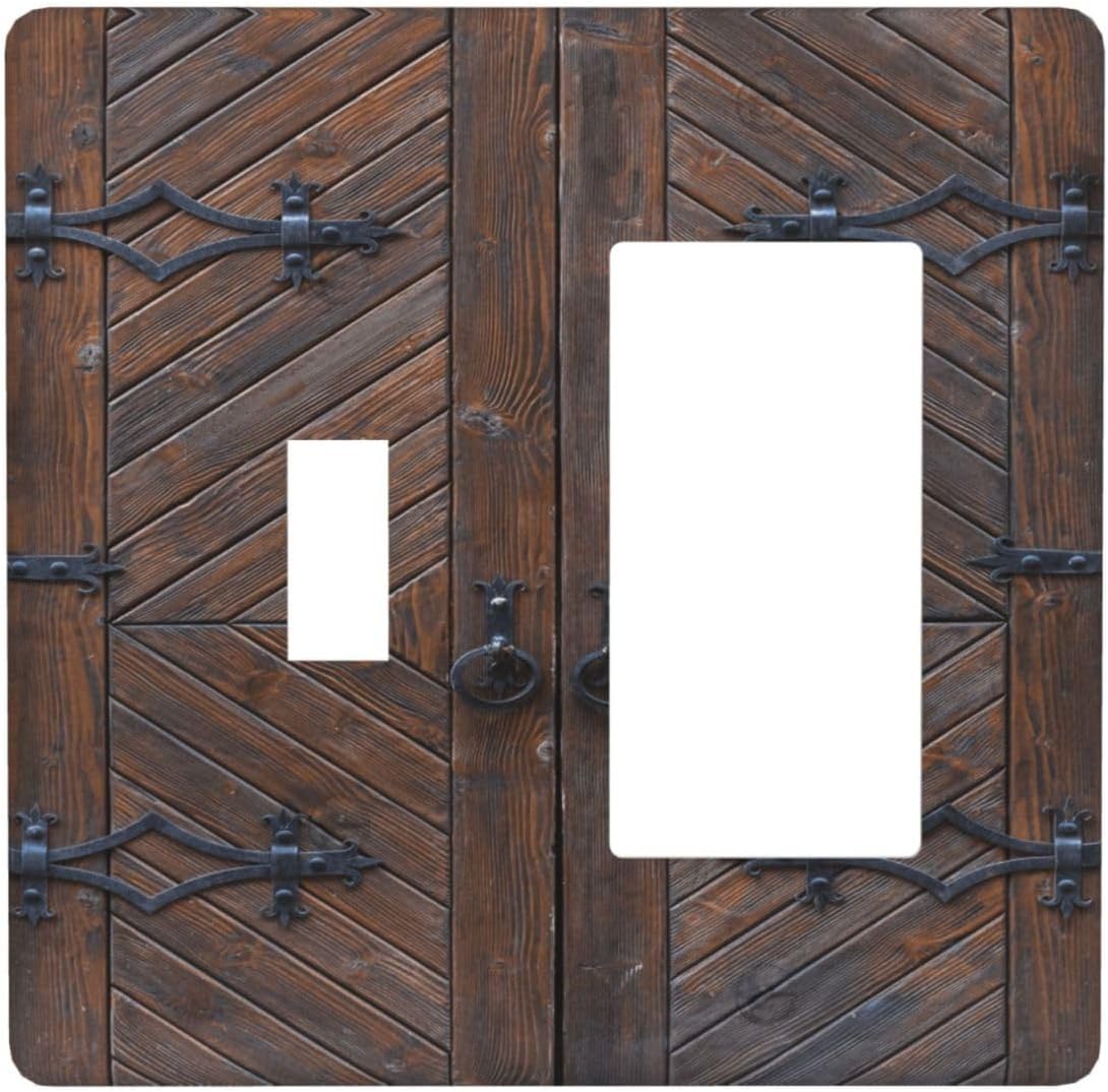 Decorative Outlet Covers Vintage Brown Wood Barn Door 2 Gang Wall Plate Single Toggle 1 Rocker Light Switch Cover Switch Plate Covers for Farmhouse Bedroom Home Decor