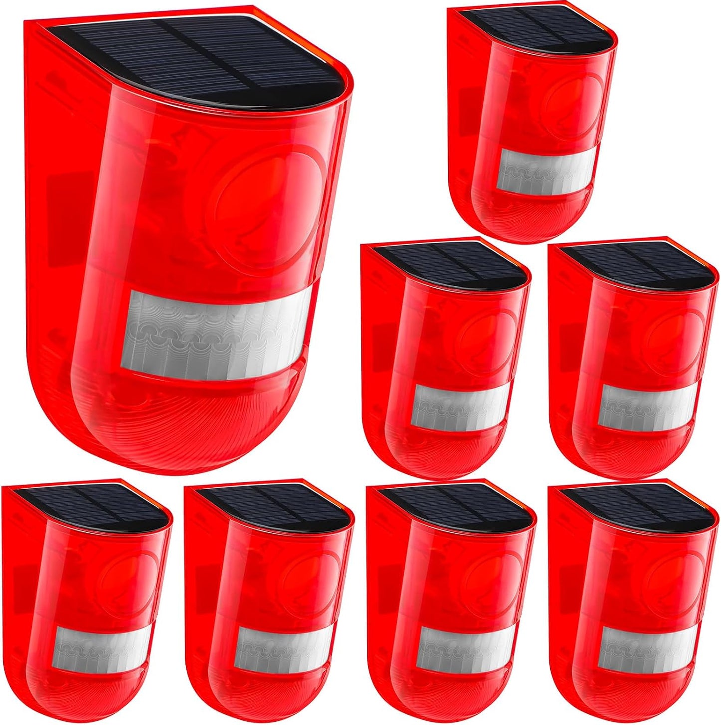 Qualirey 8 Pack Solar Sound and Light Alarm Motion Sensor 129db Outdoor Security Siren Waterproof Motion Activated Detector Alarm 6 LEDs Flash Warning Strobe System for Home, Farm (Red)