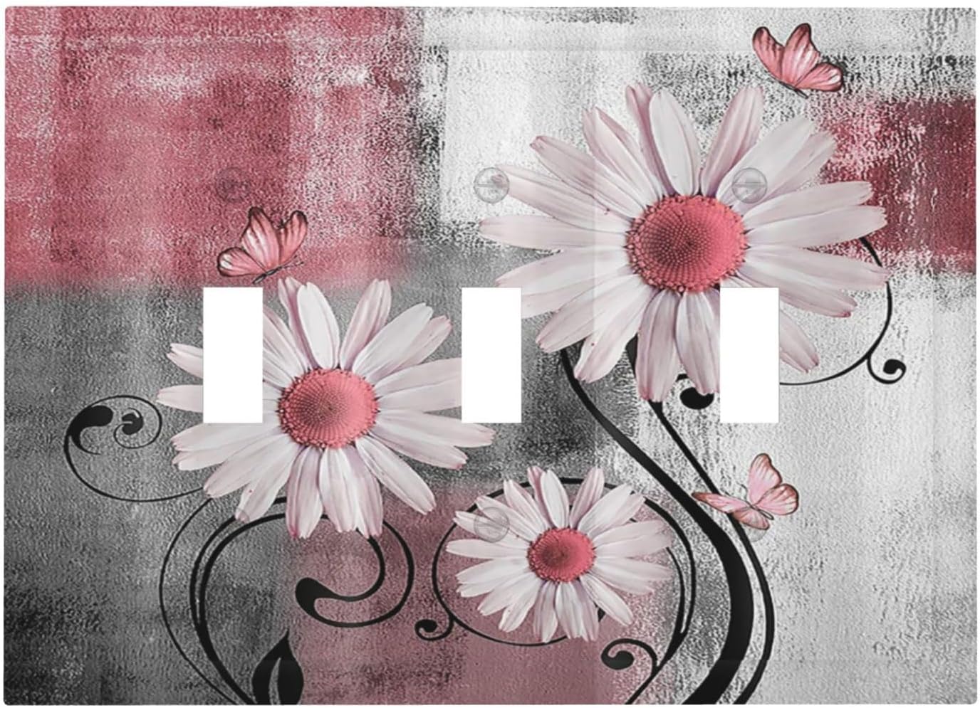 Decorative Switch Plates Pink Floral Rustic Daisy Flower And Butterfly 3 Gang Wall Plate Faceplate Triple Toggle Light Switch Cover Electrical Wall Panels for Farmhouse Cabin Decor