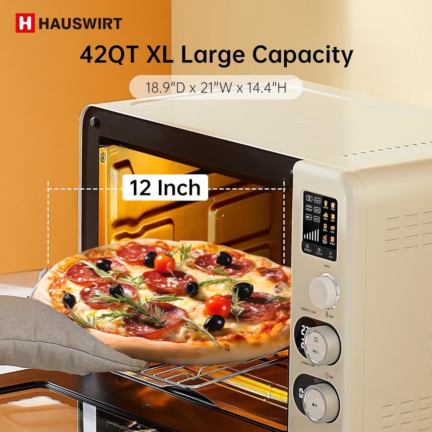 Hauswirt Toaster Oven Air Fryer, XL Large Convection Oven Countertop Rotisserie Chicken 42Qt 3-Tier for 5-8 People, 8 Mode Smart Toaster Stainless Steel 80°F - 500°F Quick & Even Crisp - Ivory
