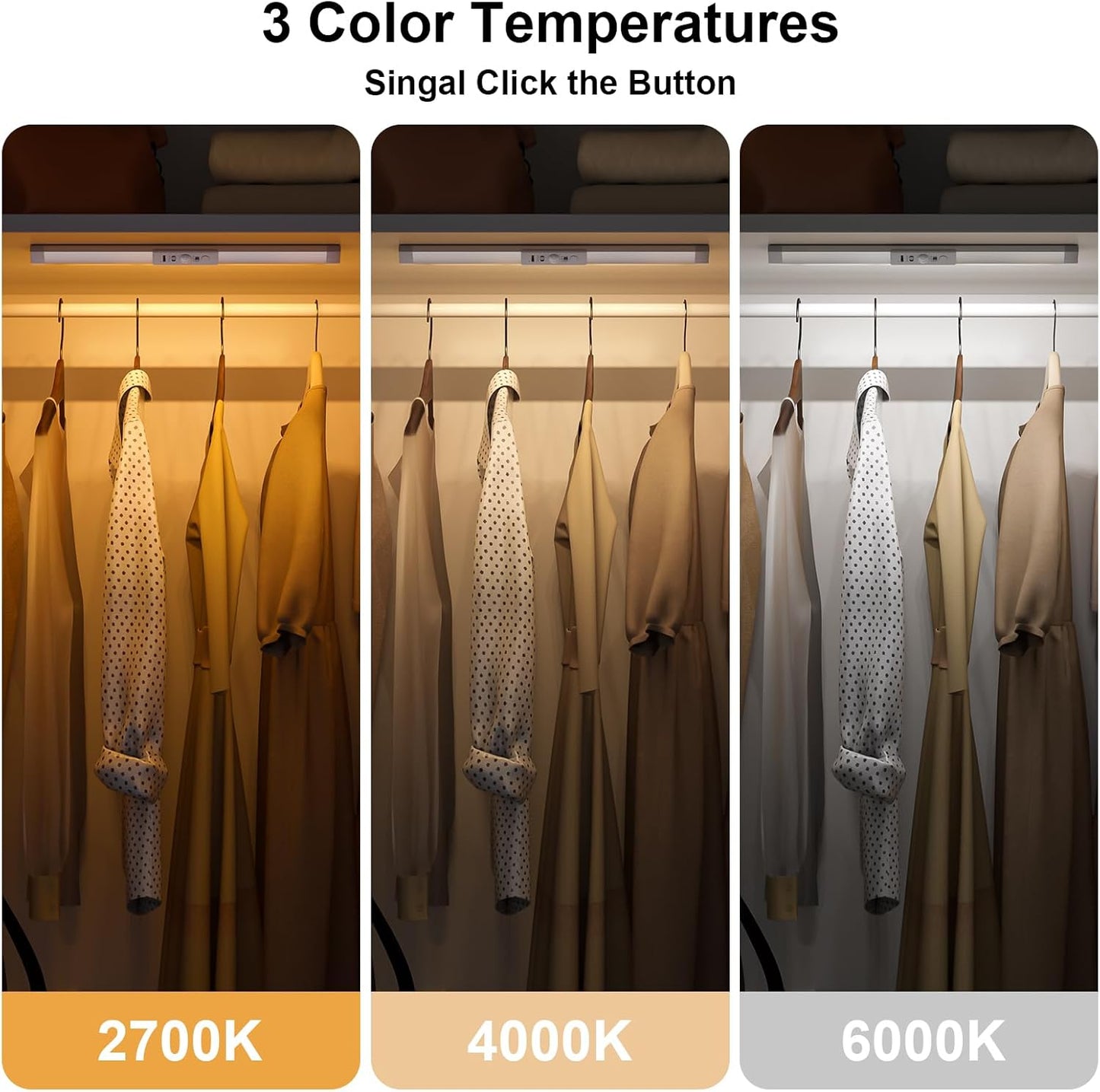 WOBANE Closet Lights Motion Sensored with Eye-Protection,Rechargeable LED Wardrobe Lighting with 3 Color,12 inch Dimmable Wireless Battery Operated Light Indoor for Stair,Pantry,Hallway,900mAh,2PCS