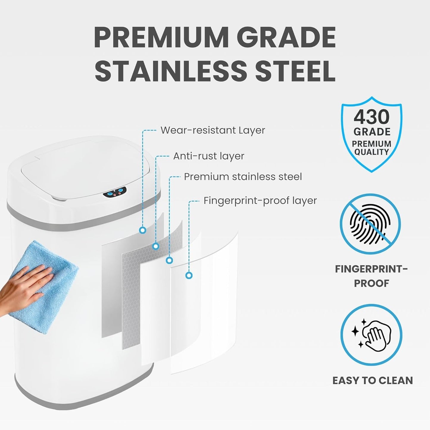 SensorCan 13 Gallon Automatic Sensor Trash Can with Lid, AC Adapter Included, AbsorbX Odor Control, Chalk White Stainless Steel Kitchen Garbage Bin, Fingerprint-Proof, Hands-Free Operation, Oval