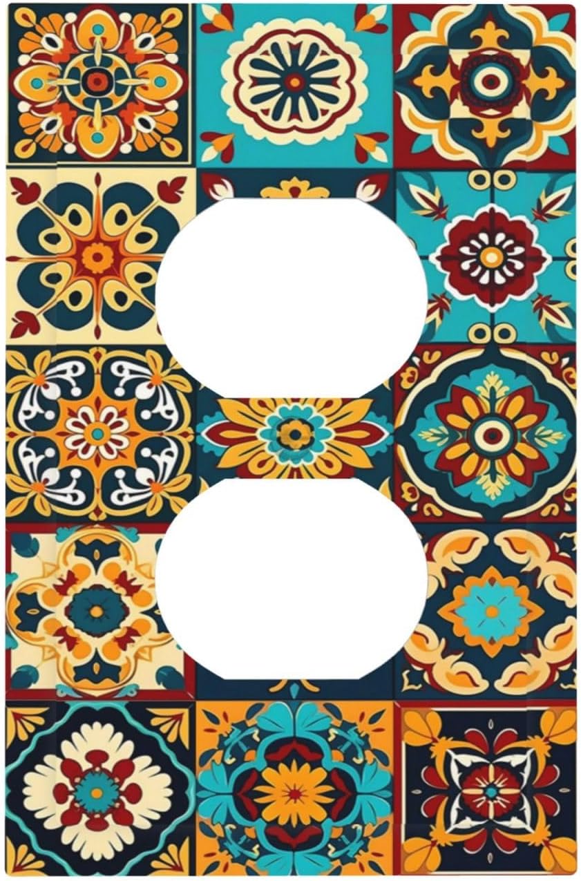 Mexican Talavera Ceramic Tile Moroccan Boho Outlet Covers 1 Gang Duplex Light Switch Cover Decorative Switch Plates Electrical Receptacle Faceplate Wall Plate for Bathroom Kitchen Decor