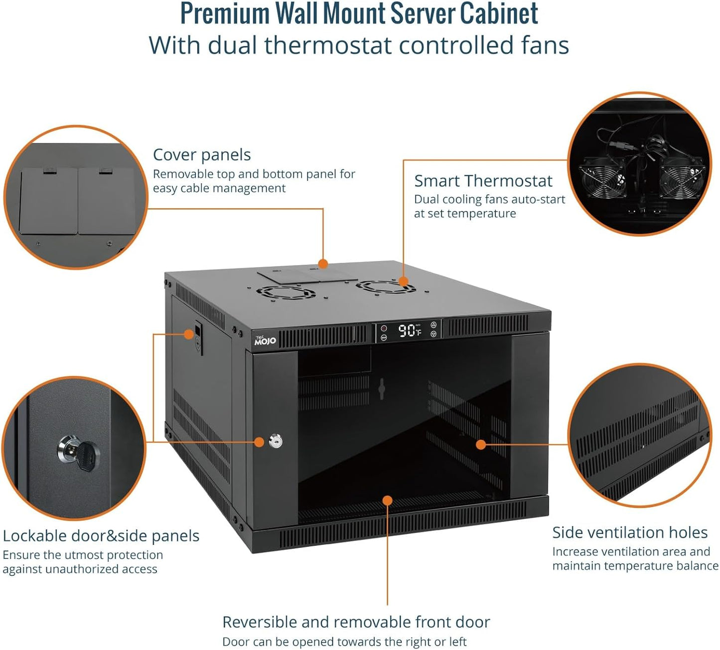 Tecmojo 6U Wall Mount Rack with Thermostat, 17.7inch Depth Enclosed Server Cabinet with 2 Cooling Fans,Lockable Door & Hardware,6U Rack for 19inch Equipments,Glass Door