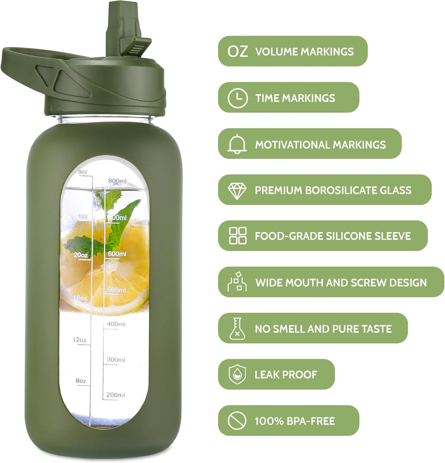 CIVAGO 32 oz Glass Water Bottle with Straw and Insulated Bottle Holder Sling, Motivational Water jug with Time Marker and Silicone Sleeve, Water Flask with 2 Lids for Walking and Gym Mauve