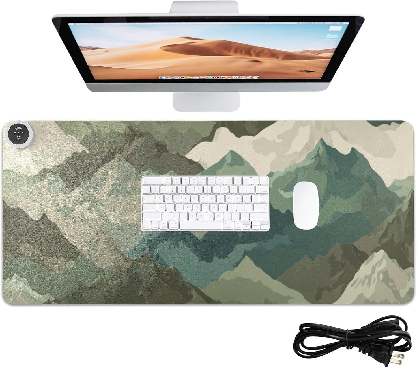 Heated Desk Pad Mouse Pad 31.5x13 Inch PU Leather Desk Mat with 3 Heat Levels Large Mouse Gaming Computer Laptop Mat Sage Green Camounflage Mountain