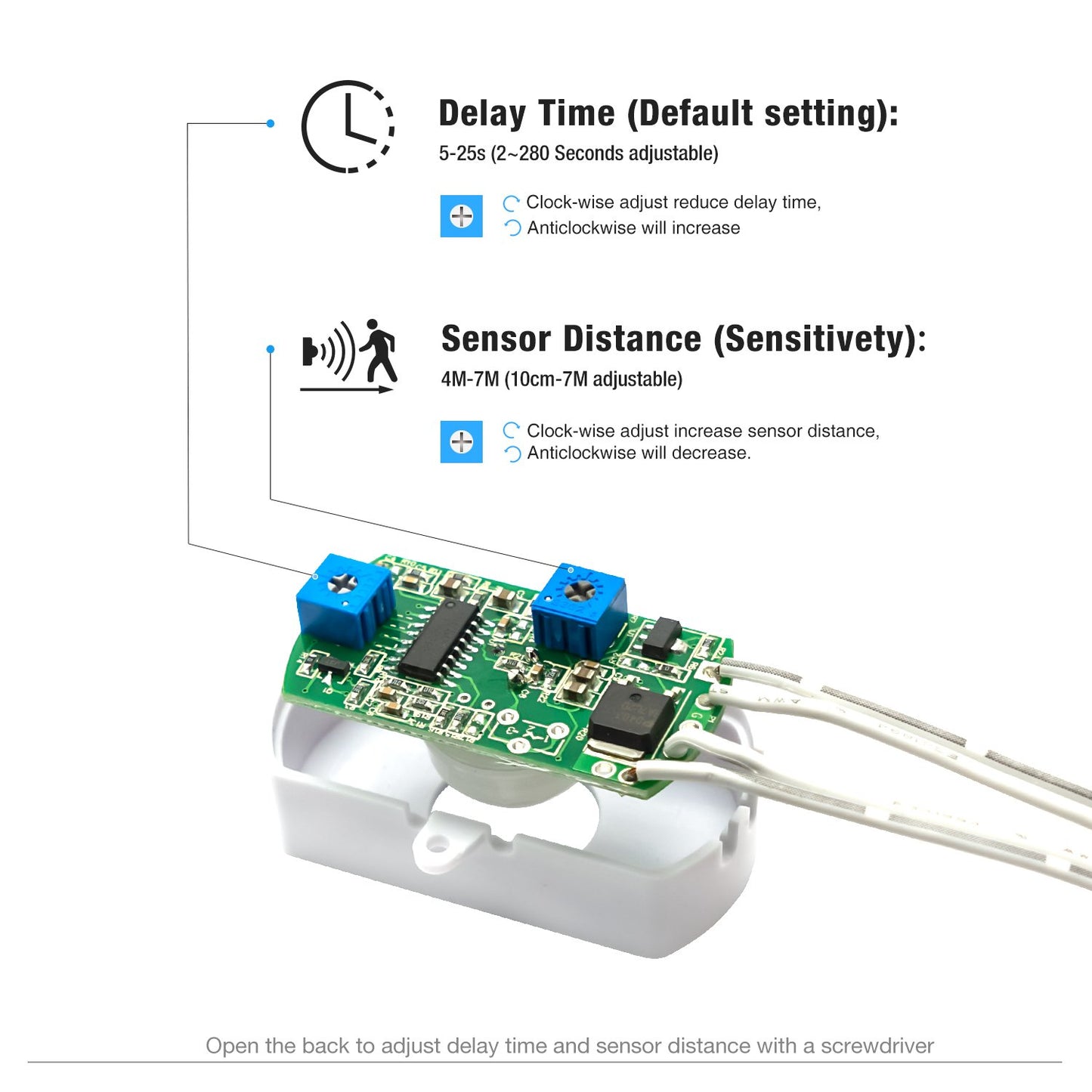 Sensky BS010W DC 12v to 30v PIR Motion Activated Sensor Switch DIY LED Lighting (Delay Time, Sensor Distance Adjustable)