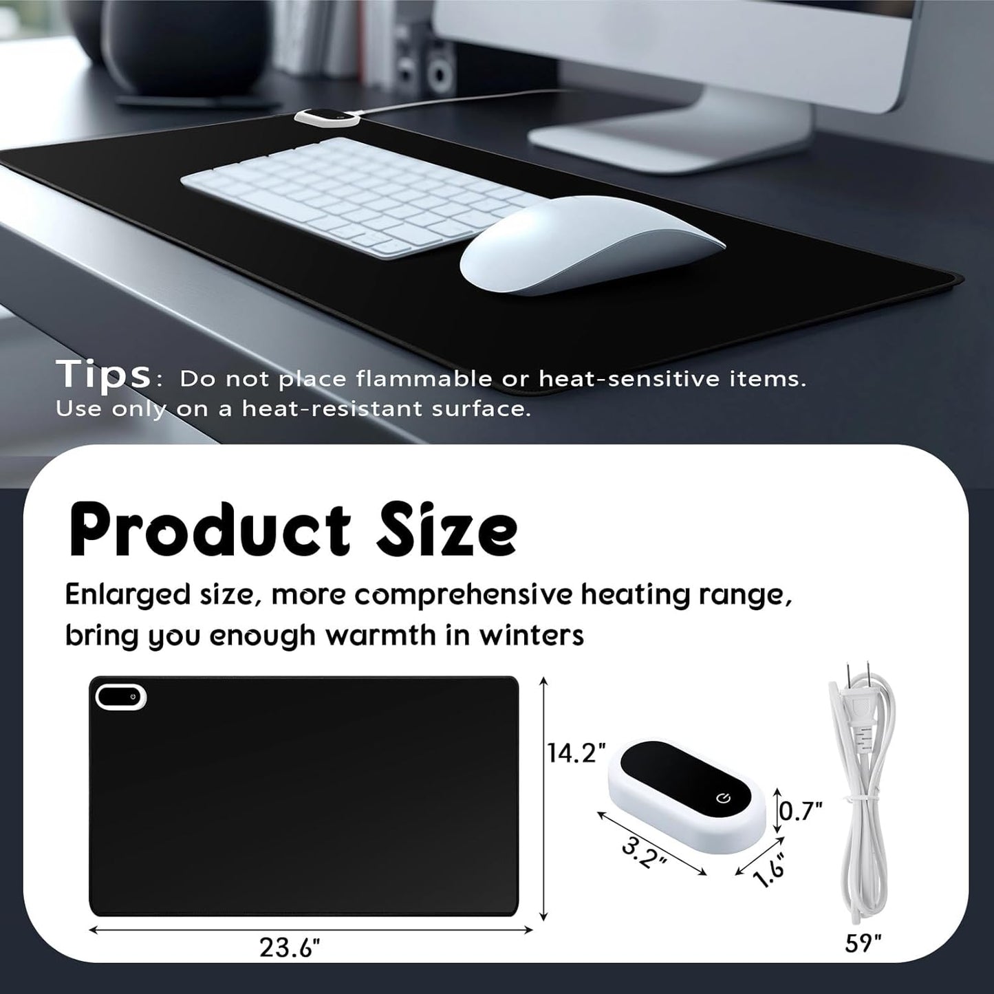 Konohan Heated Large Desk Mat PU Leather Warm Mouse Pad with 5 Heating Level & 4 Hour Auto Shut-Off Heating Keyboard Pad Warmer Gaming Mice Mat Only Supports 110v(Black Color,23.6"x 14.2")