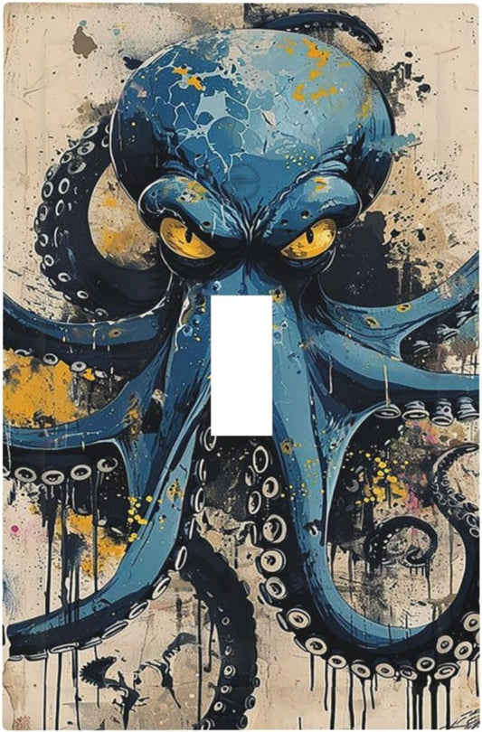Decorative Light Switch Cover Nautical Vintage Blue Octopus Yellow Eyes Oil Watercolor 1 Gang Single Toggle Device Electrical Faceplate Switchplates Decorator Outlet Wall Plate for Kids room