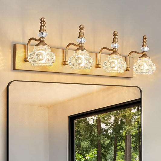 Modern Glass Crystal Vanity Light - Vintage Bathroom Lighting Fixtures Over Mirror, 4 Light Vanity Lights G9 Bulb (27.55 Inch,Brass)