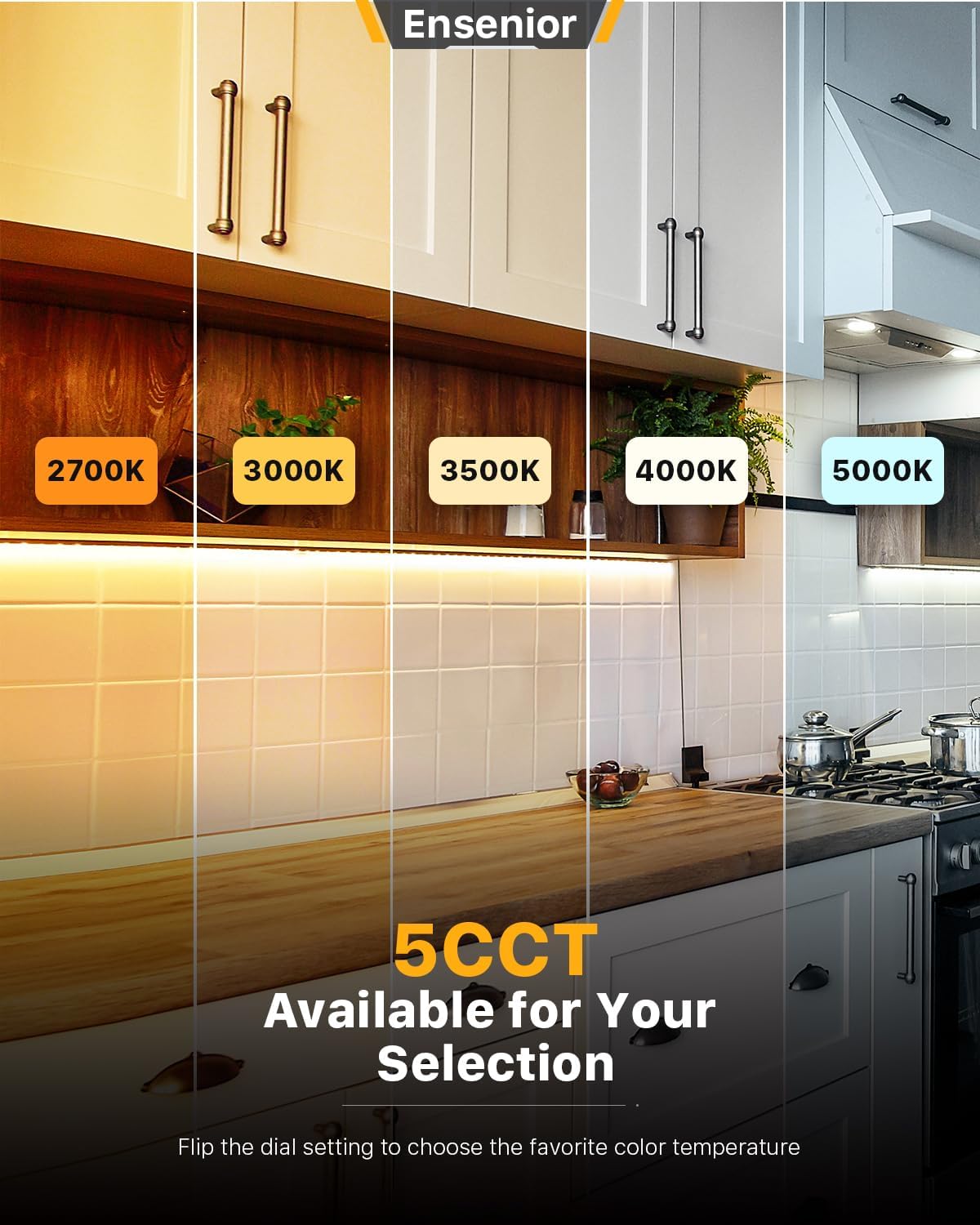Ensenior 18 Inch LED Under Cabinet Lighting Hardwired, 5CCT, 10W 650LM, 2700K/3000K/3500K/4000K/5000K, Wired Under Cabinet Lights, Dimmable Under Counter Lights for Kitchen, FCC, 2 Packs