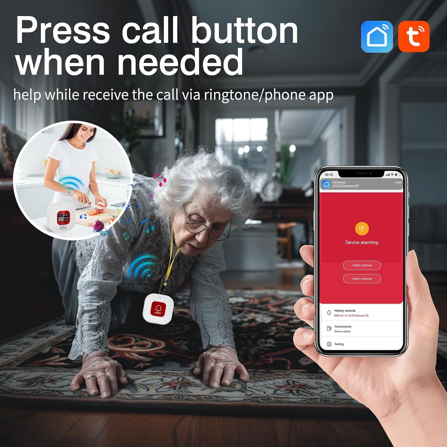 eMylo Caregiver Pager Wireless Call Buttons,Smart Monitoring System Call Bell,Emergency Button for Elderly Senior Compatible with Tuya/Smart Life(1 Receiver + 2 Panic Emergency Buttons)