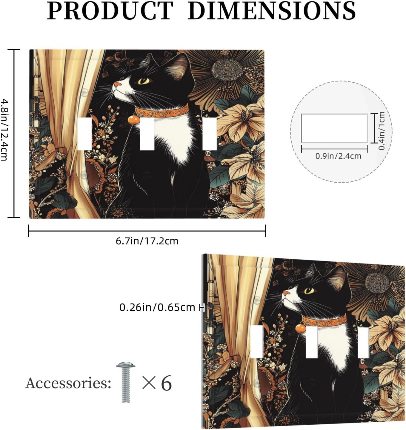 Decorative Switch Plates Boho Mandala Floral Black Cat Vintage Flower 3 Gang Wall Plate Triple Toggle Light Switch Cover Faceplate Electrical Wall Panels For Farmhouse Home Decor