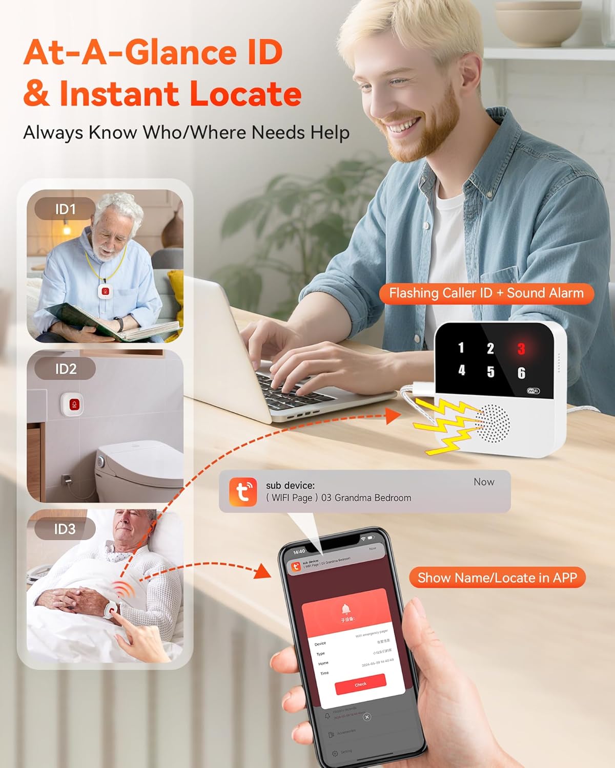 WiFi Caregiver Pager Smart Call System - Display Caller ID & App Alerts, No Monthly Fee, IP65 Waterproof Wristband + 2 Call Buttons, Emergency Alert Button for Elderly at Home & Nursing Care