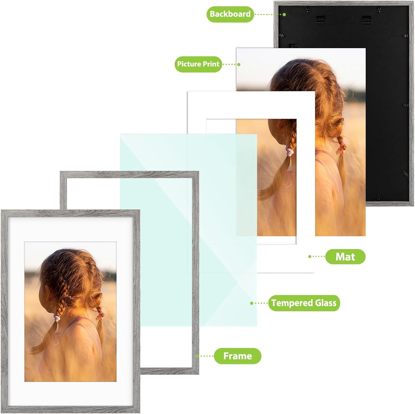 Golden State Art, 16X24 Picture Frame with Mat for 12X18 - High Definition Glass Wall Mounting Horizontal Vertical Display (Gray, 2 Pack)