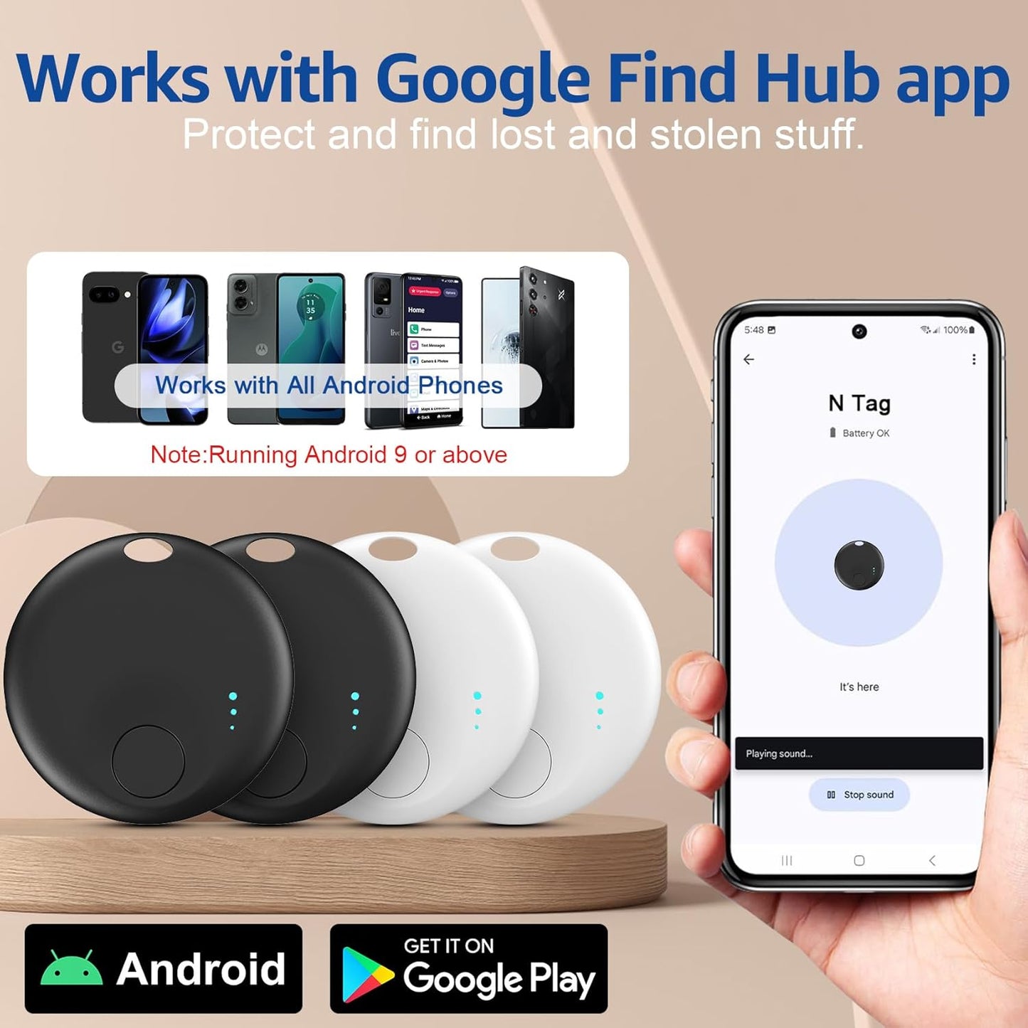 Smart Tags-4 Pack for Android Tracker Tags, Bluetooth Tracker, Work with Google's Find Hub App, Item Finder for Keys, Item Locator for Wallet, Suitcases (White&Black)