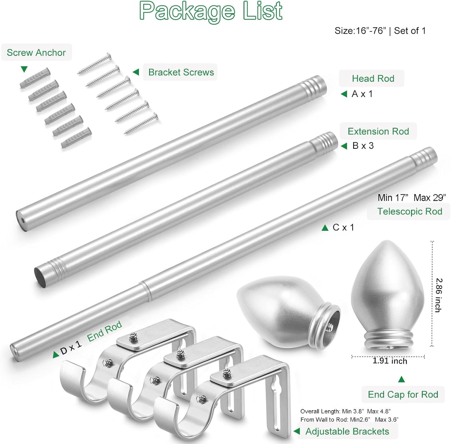 Curtain Rods for Windows 16 to 76 inches, Curtain Rod Max Adjustable Length to 88 in, Drapery Rod 1 inch Diameter with Modern Knobs Finials (Satin Silver, 16" to 76" - Set of 1)