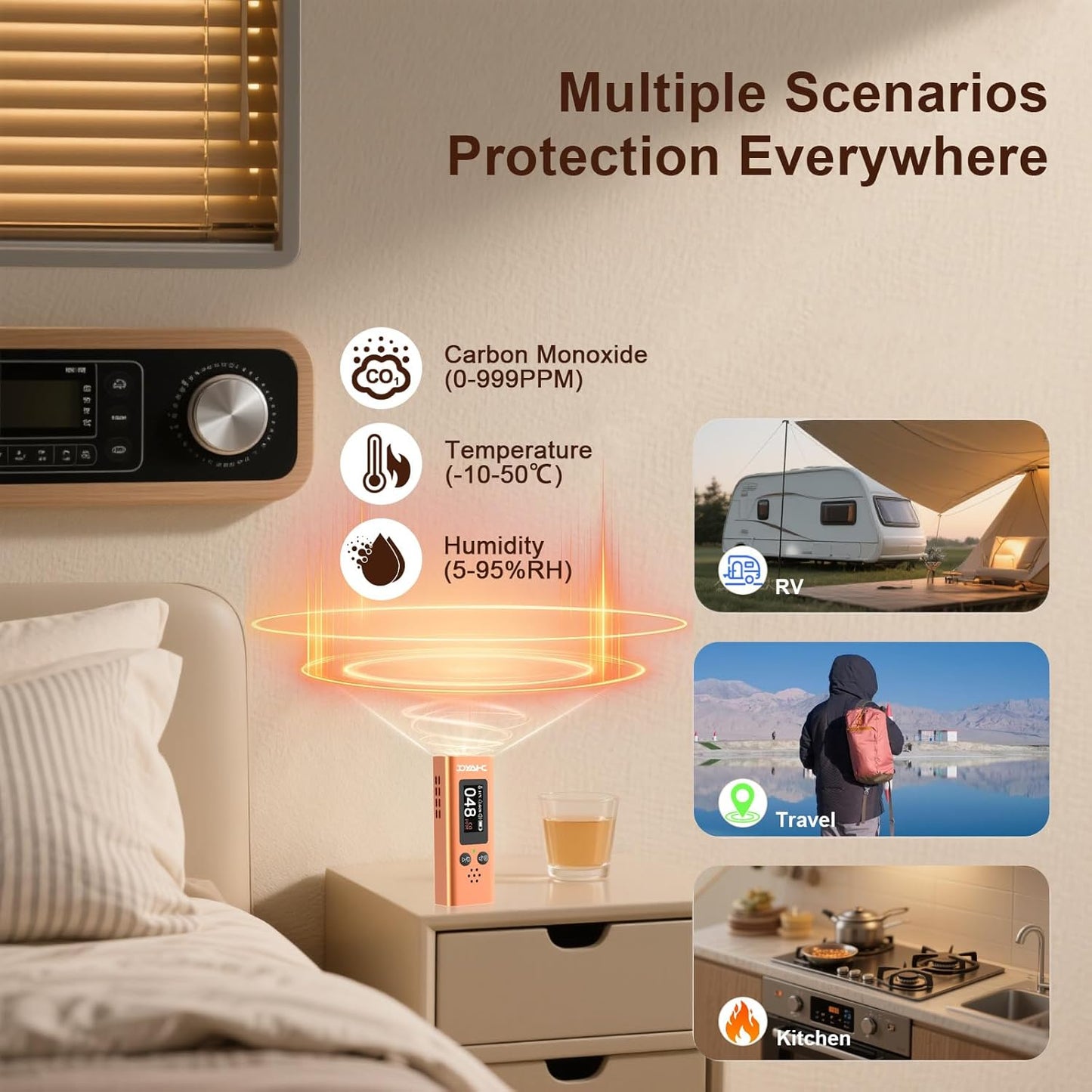 Portable Carbon Monoxide Detector for Travel, 3-in-1 CO Detector with Temperature & Humidity Sensor, Dual Audible & Visual Alarm Camping, RV and Hotel for Safety (Orange)