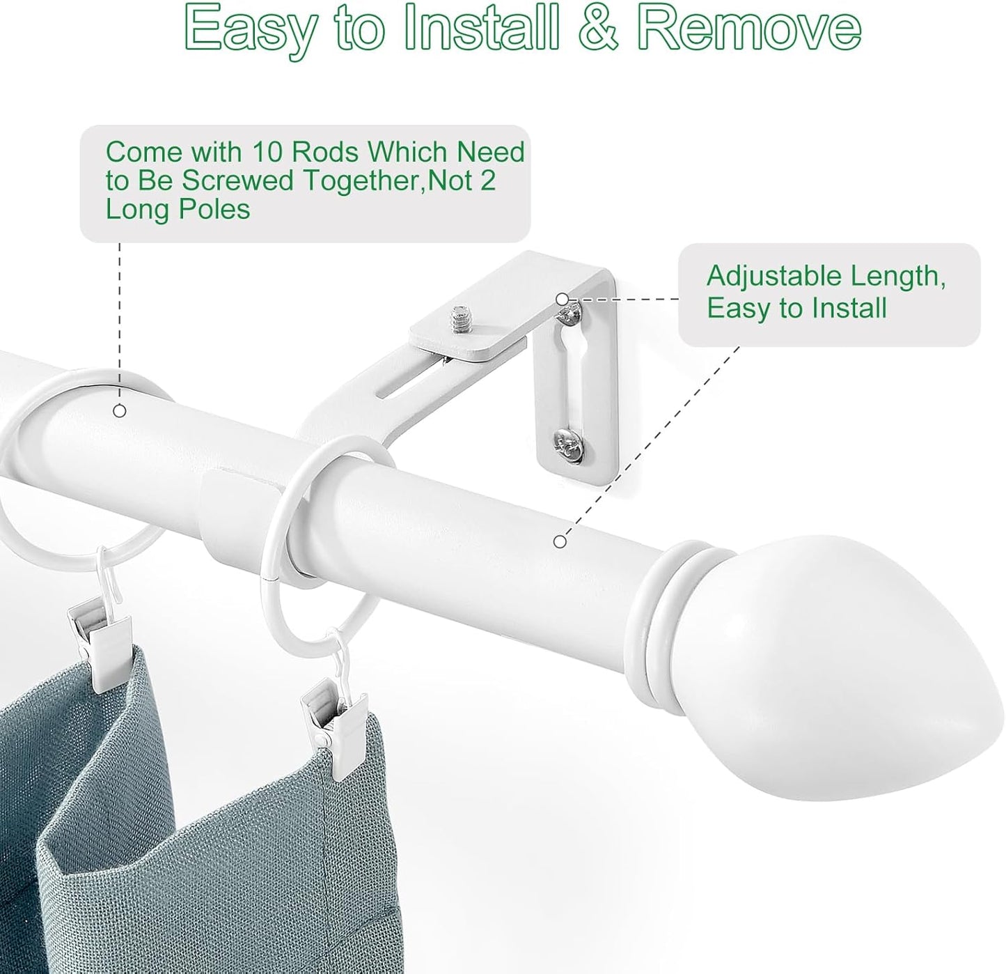 Curtain Rods for Windows 16 to 150 inches, Curtain Rod Max Adjustable Length to 158 in, Drapery Rod 1 inch Diameter with Modern Knobs Finials (White, 16" to 150" - Set of 1)