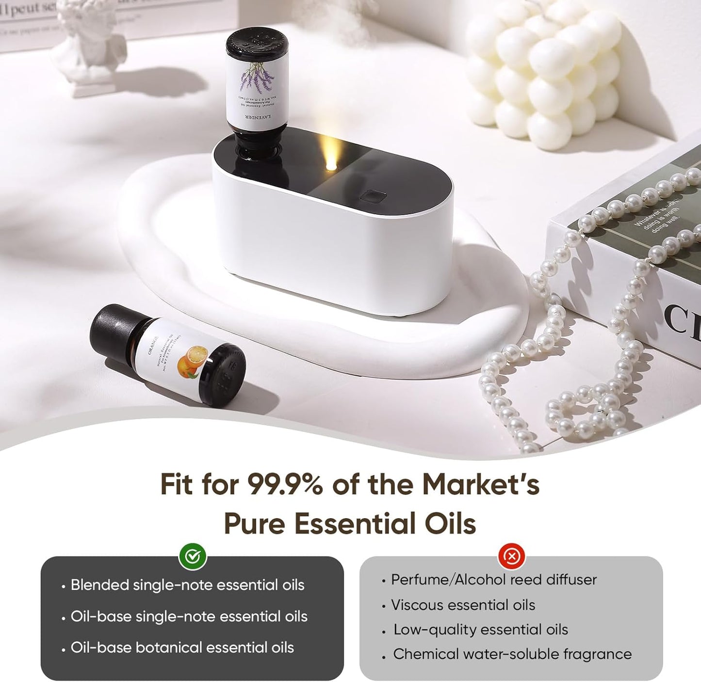 Waterless Diffuser for Essential Oil, Battery Operated Scent Air Aromatherapy Diffuser, Mini Aroma Diffusers with 3 Intermittent Mist Modes, Cycle Start for 400-700 sq.ft Home Office Bedroom