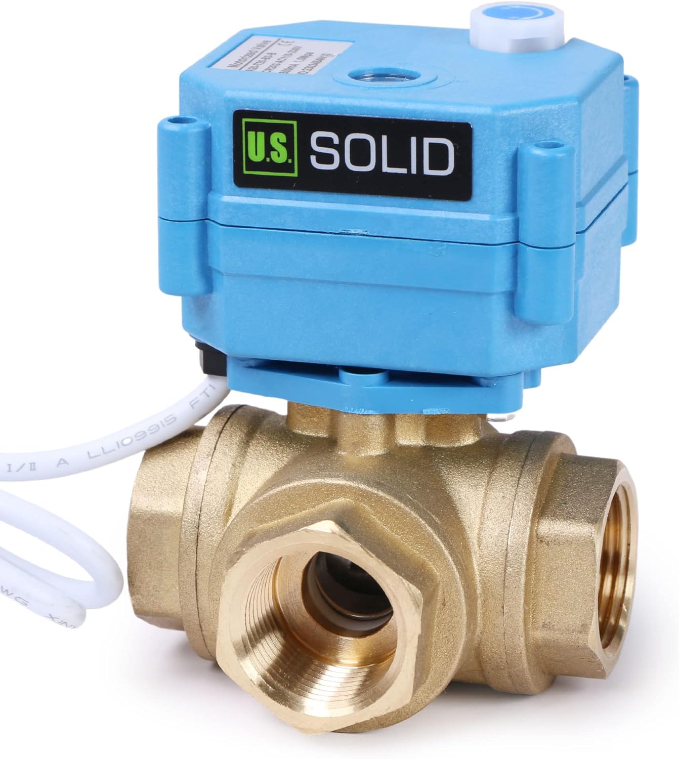 U.S. Solid 3/4" 3 Way Brass Motorized Ball Valve 110-230VAC, L Type Water Shutoff Valve with Manual Function, Standard Port, NOT for Drinking Water