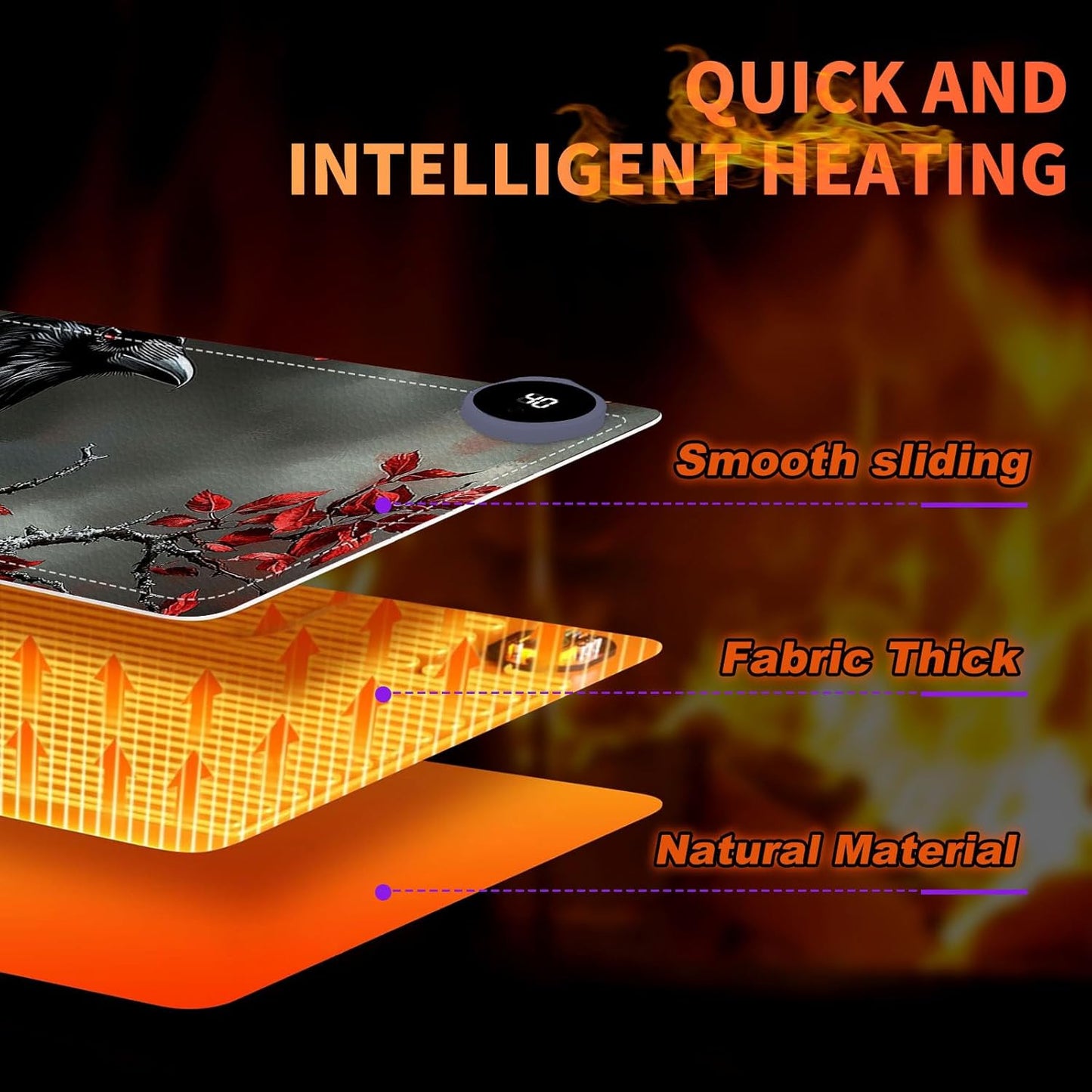 Heated Mouse Pad 31.5x13 in 3-Temp Fast Heating Desk Mat with Auto Timer Warmer for Hands Wrist Pain Relief Waterproof Keyboard Mat for Office, Gaming, Home, Raven Red Berries