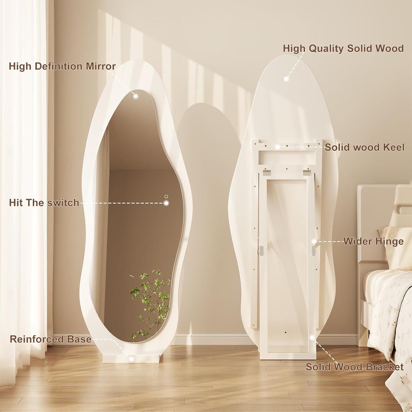 WoodsWhisper 69"X 24" Soild Wood Mirror Full Length,Wavy Wall Mirror,Lights Irregular Led Full Length MirrorShatter-Proof Hanging or Leaning Against Wall for Cloakroom/Bedroom/Living Room(White)