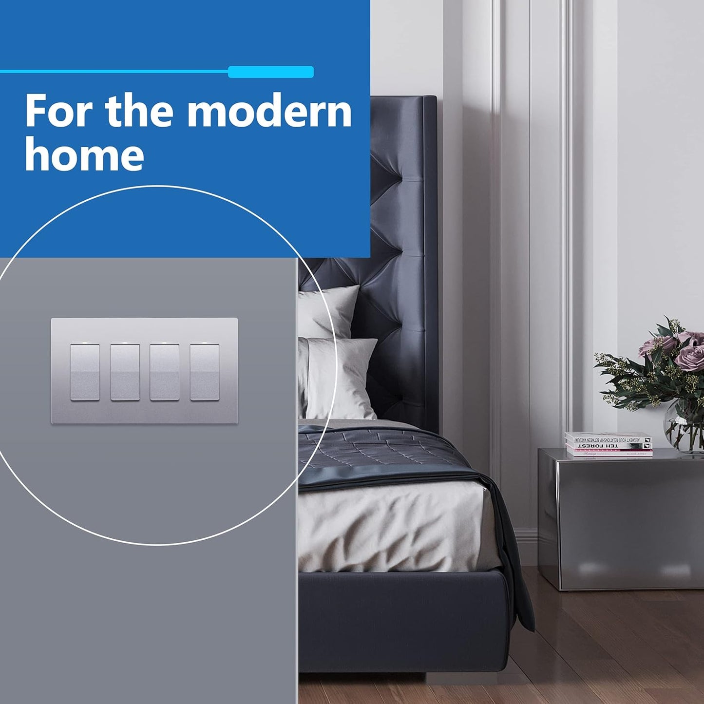 LIDER Matte Finish Decorator Switch Cover, Screwless Wall Plate, Mid-Size 4-Gang 4.88" x 8.58", Unbreakable Polycarbonate Thermoplastic, UL Listed, LSWP-34M-SV, Silver
