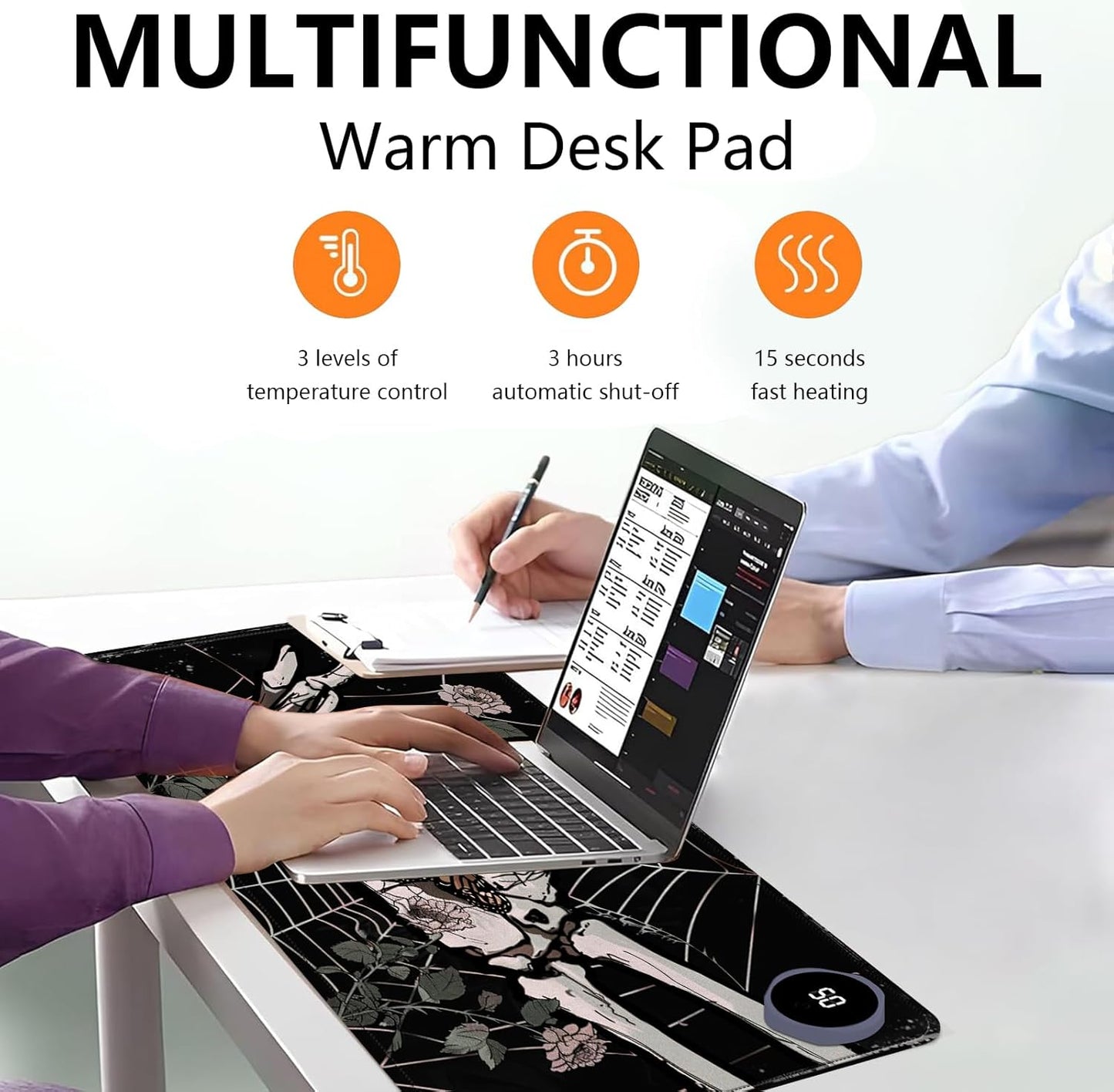 Heated Mouse Pad with 3 Levels Heated & 3 Hours Auto Shut-Off Mouse Pad for Warming Hands in Office Home, 31.5" x 13"Large Safe Desk Mat Hand Warmer，Skeleton Hand Spider Web