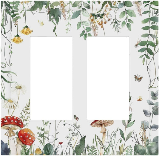 Decorative Outlet Covers Sage Plant Red Mushroom Butterfly Wild Flower 2 Gang Double Gfci Rocker Electrical Wall Panels Light Switch Cover Plate For Bed Room Kids Room Decor