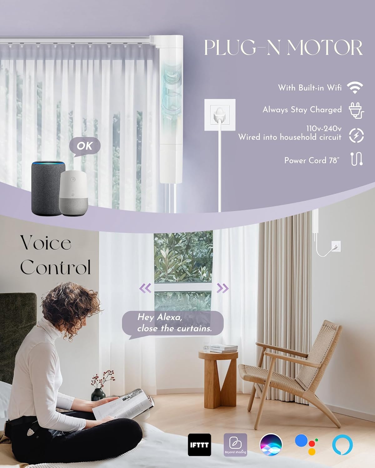 Graywind Smart Curtain Track Retractable Motorized Curtain Rail Compatible with Alexa Google Easy to Control by Voice, App, Remote (70" to 118" Width)