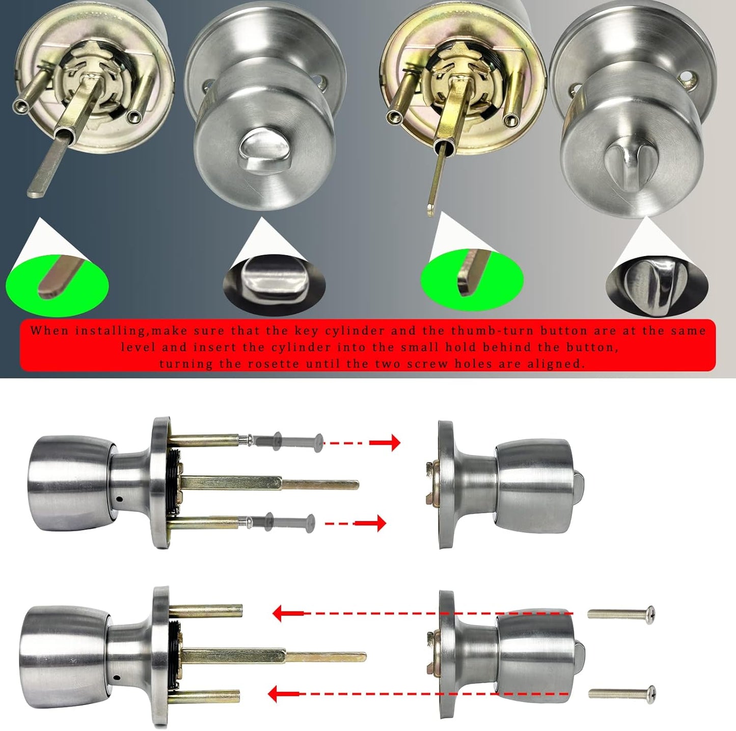 JO.KO Door Knob with Lock and Key, Round Ball Lock Interior/Exterior Door Knob for Bedroom Or Bathroom/Entry Door Handle (Stainless 2Pack)