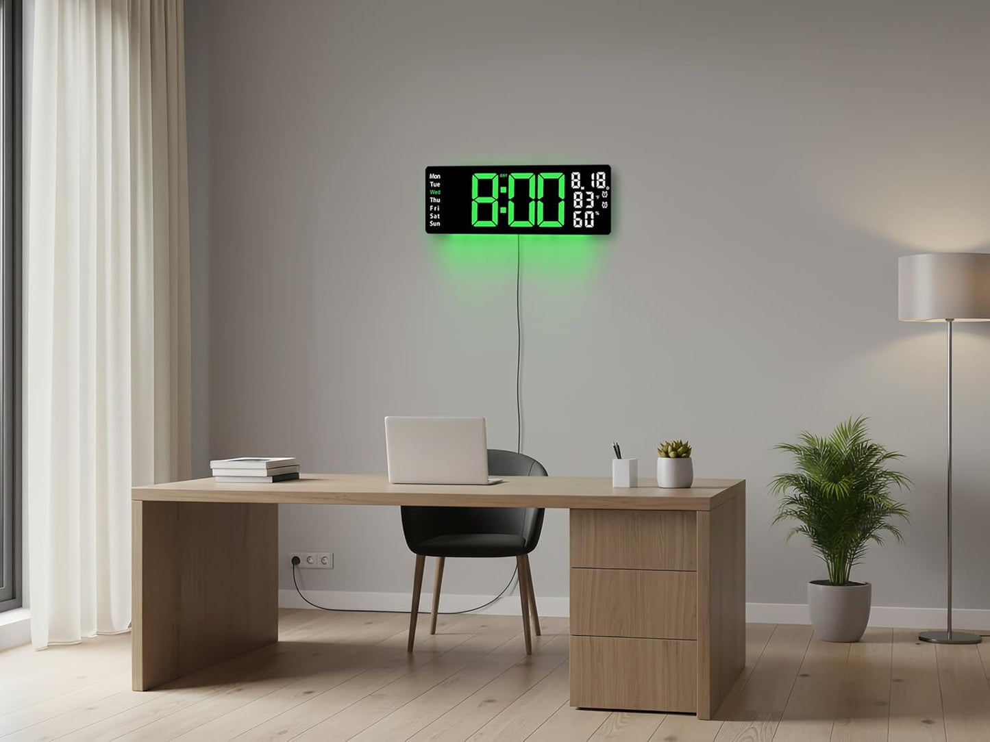 17.5 Inch Green LED Digital Wall Clock with 8 Ambient Light Colors｜Displays Time,Date,Day,Temperature&Humidity,Dual Alarms,Countdown&Stopwatch,DST,10-Level Auto/Manual Brightness｜Modern Silent Clock