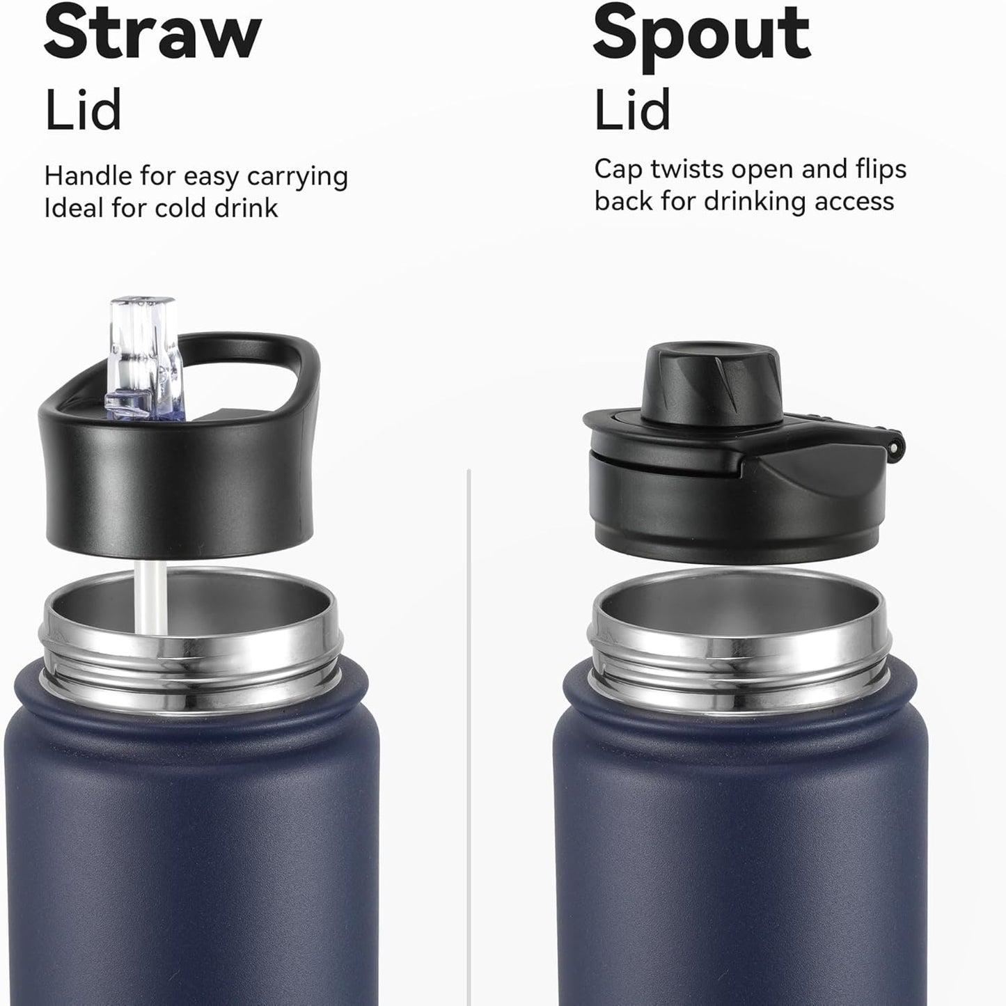16 oz Insulated Water Bottle with Straw Lids, Stainless Steel Kids Water Bottles for School, Double Wall Vacuum Metal Water Bottle with Straw & Wide Mouth Lid, Navy 1 Pack