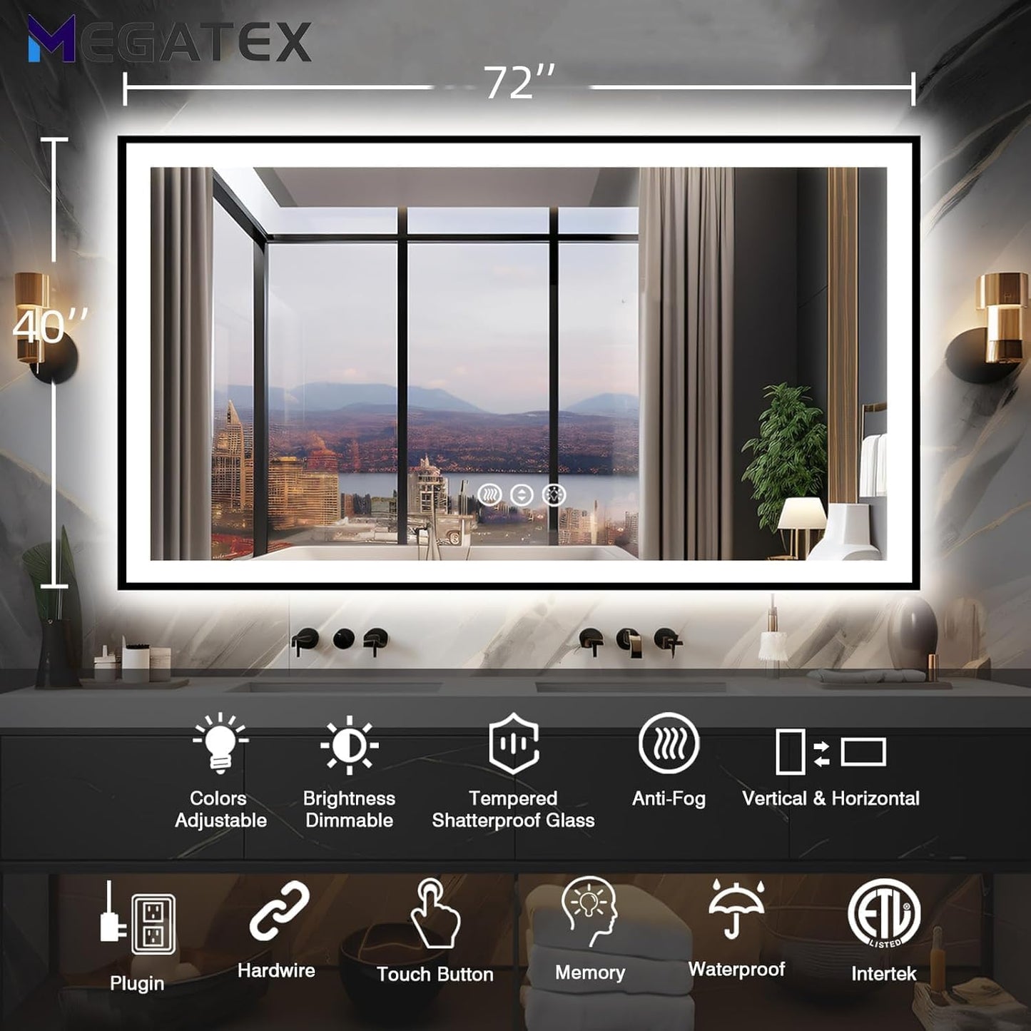 72x40 Lighted Mirrors for Bathroom Wall, Modern Rectangle Matte Black Mirror, Tempered Glass，Double Lights, 3 Colors Dimmable Temperature, IP54 Enhanced Anti-Fog, Memory (Horizontal/Vertical)
