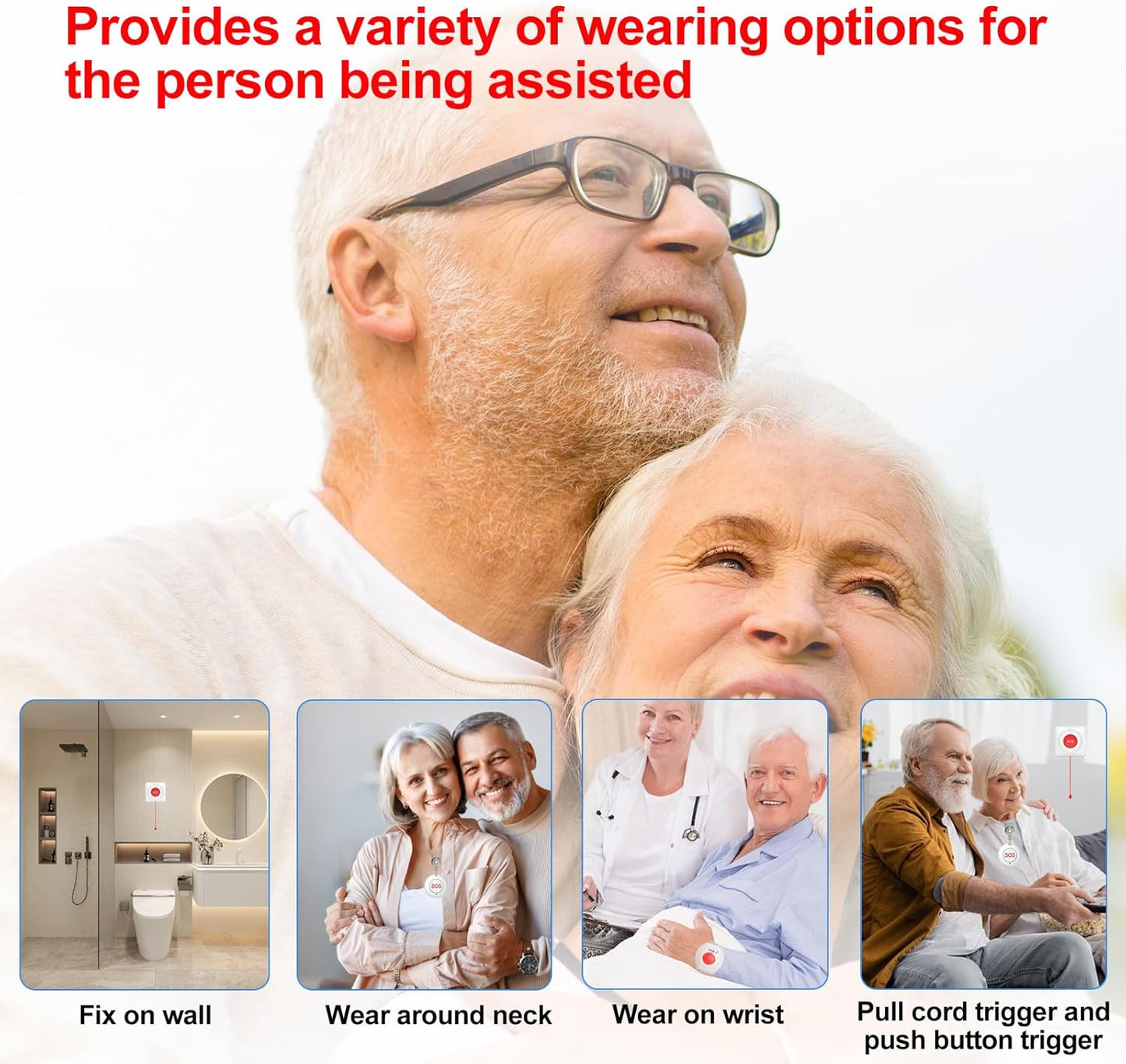 XUK WiFi SOS Caregiver Pager Call Button for Elderly, No Monthly Fee 2.4GHz Wi-Fi APP Control Wireless Nursing Call System with 1 SOS Call Panic Buttons & 1 Watch Pagers & 1 Square Pull Cord Pagers