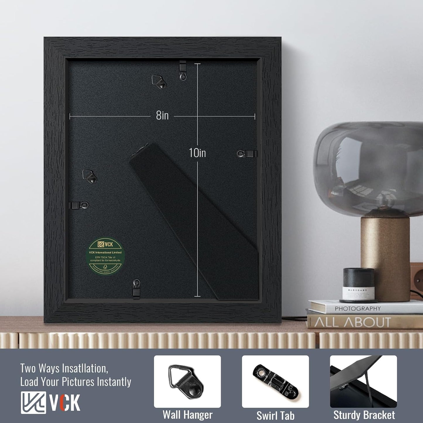 VCK 8x10 Picture Frames Black Set of 6, Wide Border Wood Poster Frame, Multi-Directional Display Family Photos, Office Prints, Studio/Gallery Artwork, Woodgrain Series, Tabletop & Wall Hanging