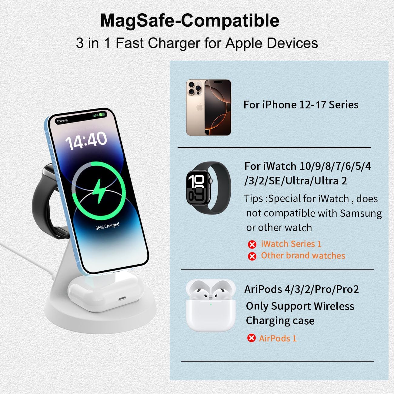 3 in 1 Charging Station Compatible with Magsafe Charger Wireless Charging Station for iPhone 17 16 15 14 13 12 Series Wireless Charger Stand for AirPods Wireless Charging Stand for iWatch Series