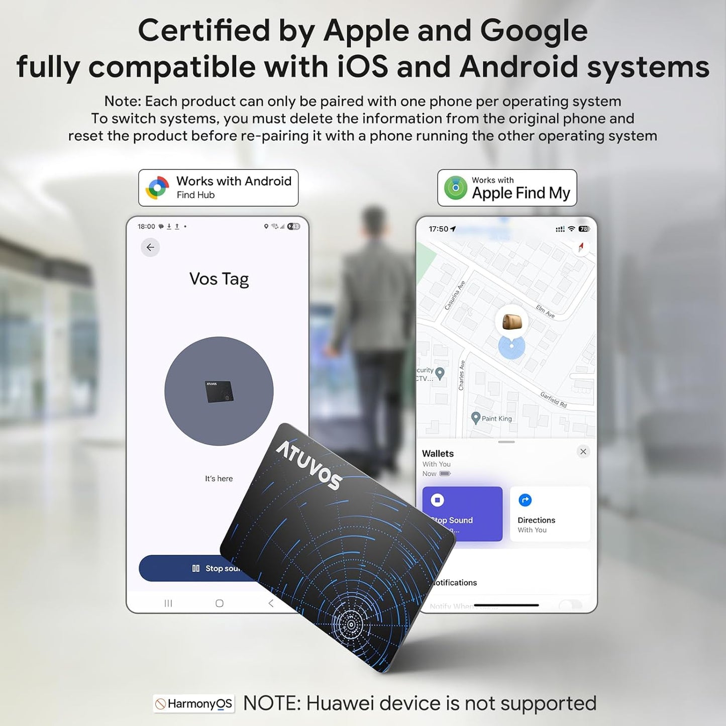 ATUVOS Dual-System Air Card Tag 1 Pack, Rechargeable Wallet Tracker Compatible with Android Google Find Hub or iOS Apple Find My APP, Smart Item Finder Locator for Wallet/Luggage/Passport