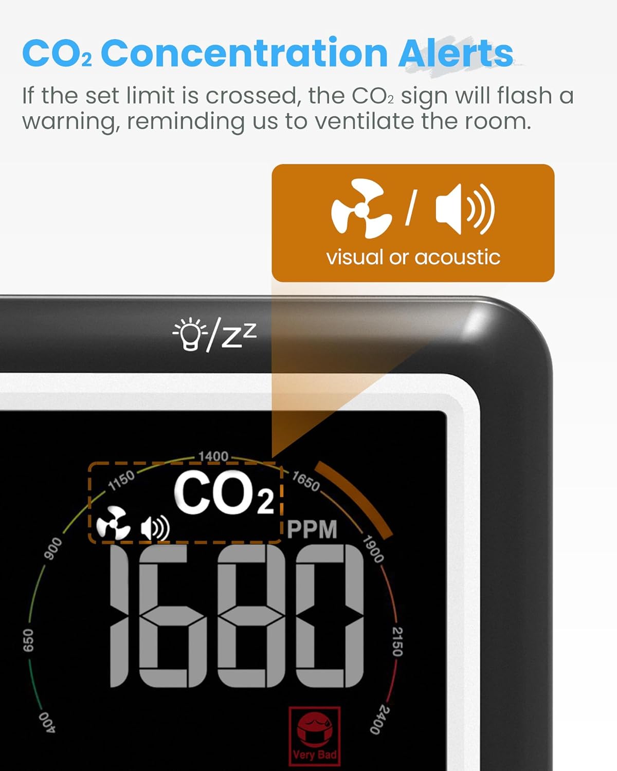 Newentor CO2 Monitor, Indoor Air Quality Meters, Carbon Dioxide Detector with Voice Alert, Large Display CO2 Tester, Temperature Humidity Sensor, Alarm Clock for Home, RV, Grow Tents, Black, 2 PCS
