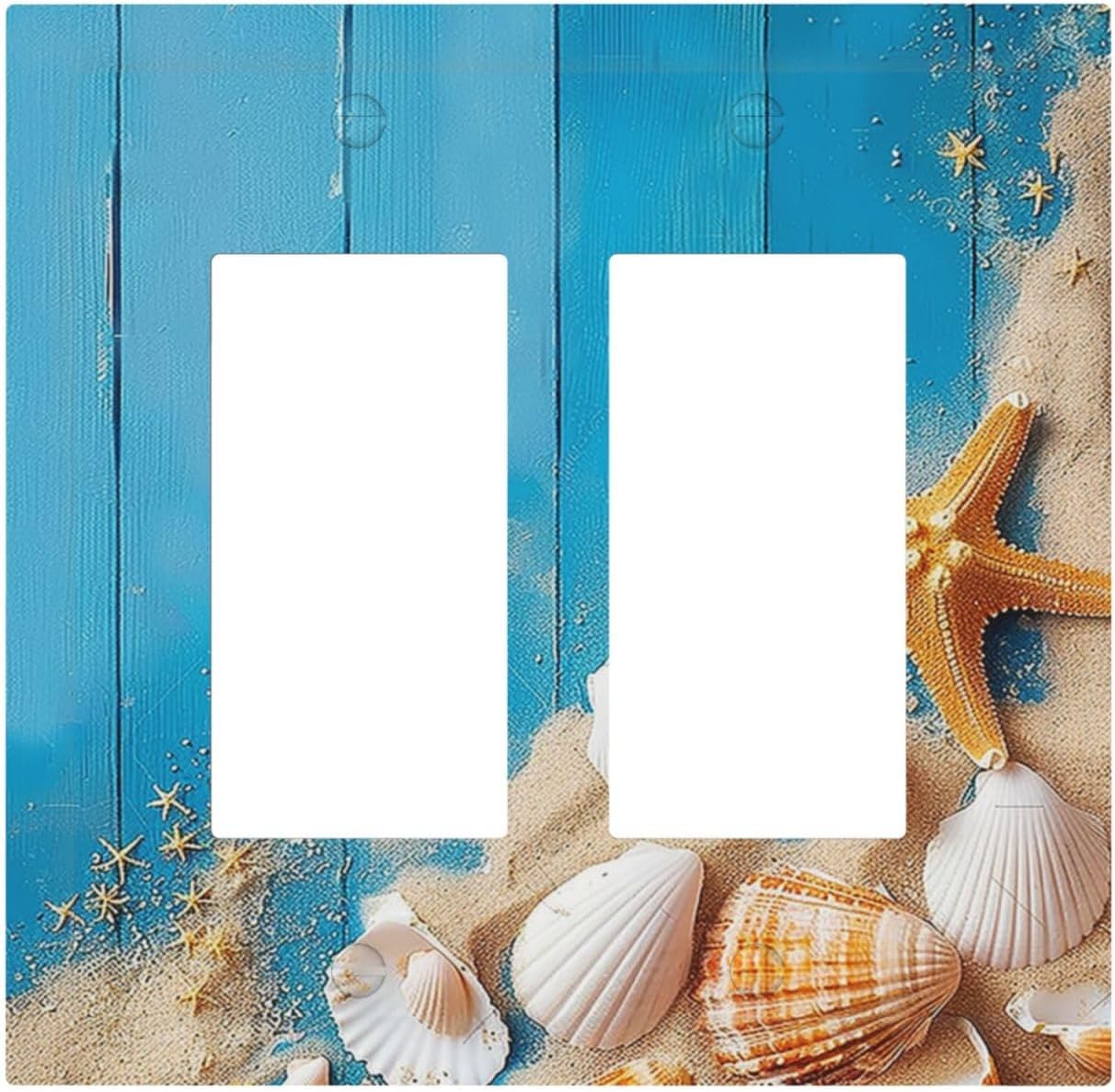 Decorative Outlet Covers Blue Wood Grain Beach Shell Starfish 2 Gang Double GFCI Rocker Electrical Wall Panels Light Switch Cover Plate for Bathroom Farmhouse Decor